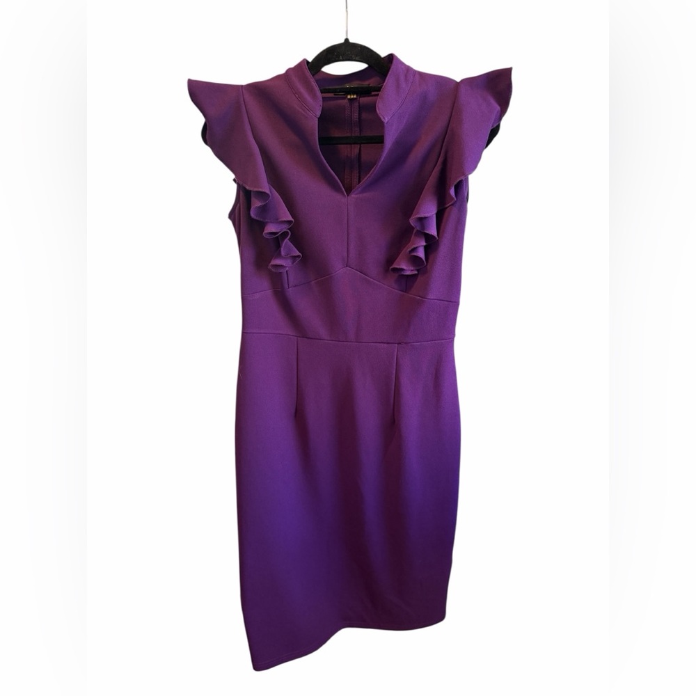 Knitee Purple Ruffle Sleeve Midi Sheath Dress Sz L - Picture 3 of 7